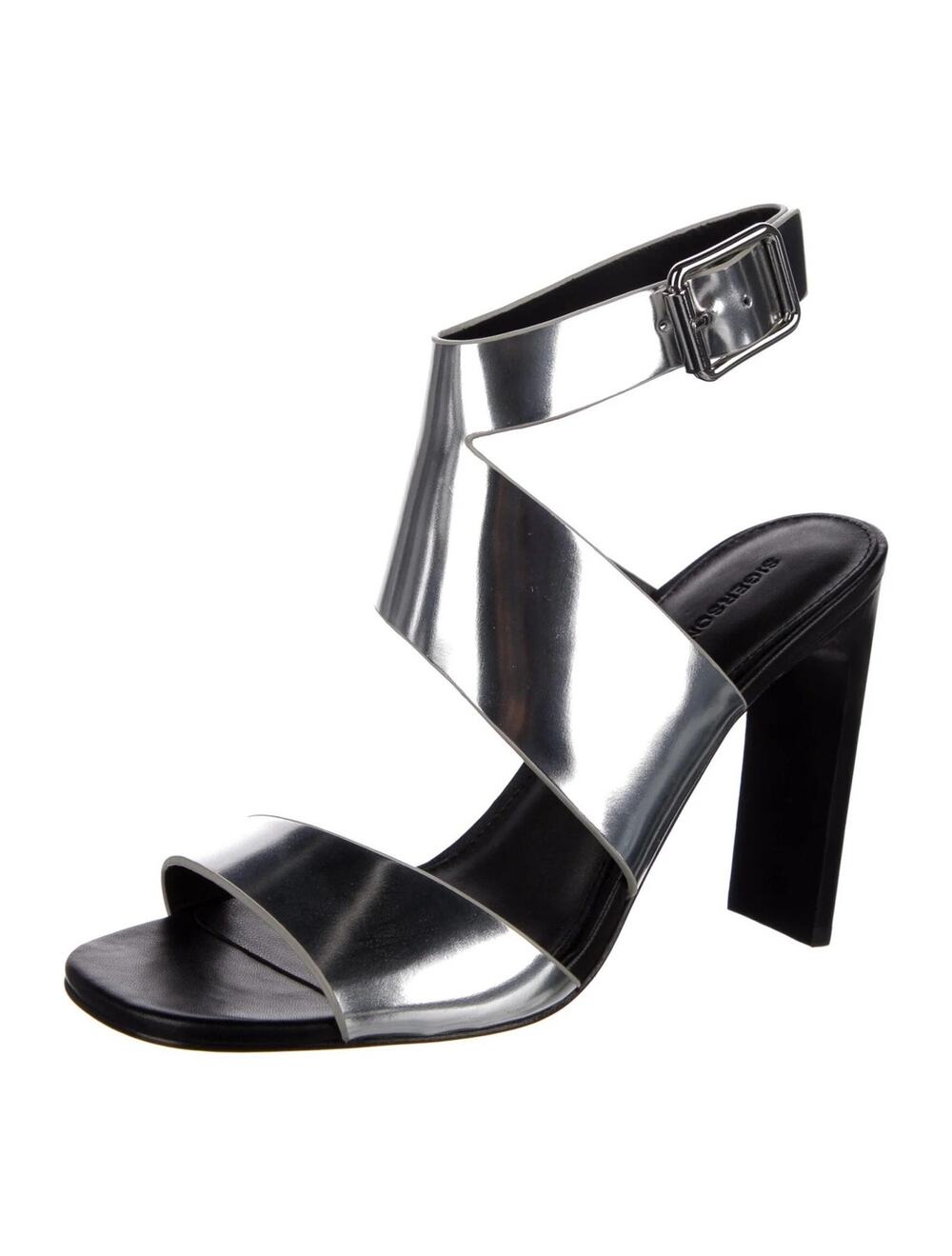 Sigerson Morrison Silver Metallic Leather Ankle Strap Block Heel Sandals 7.5